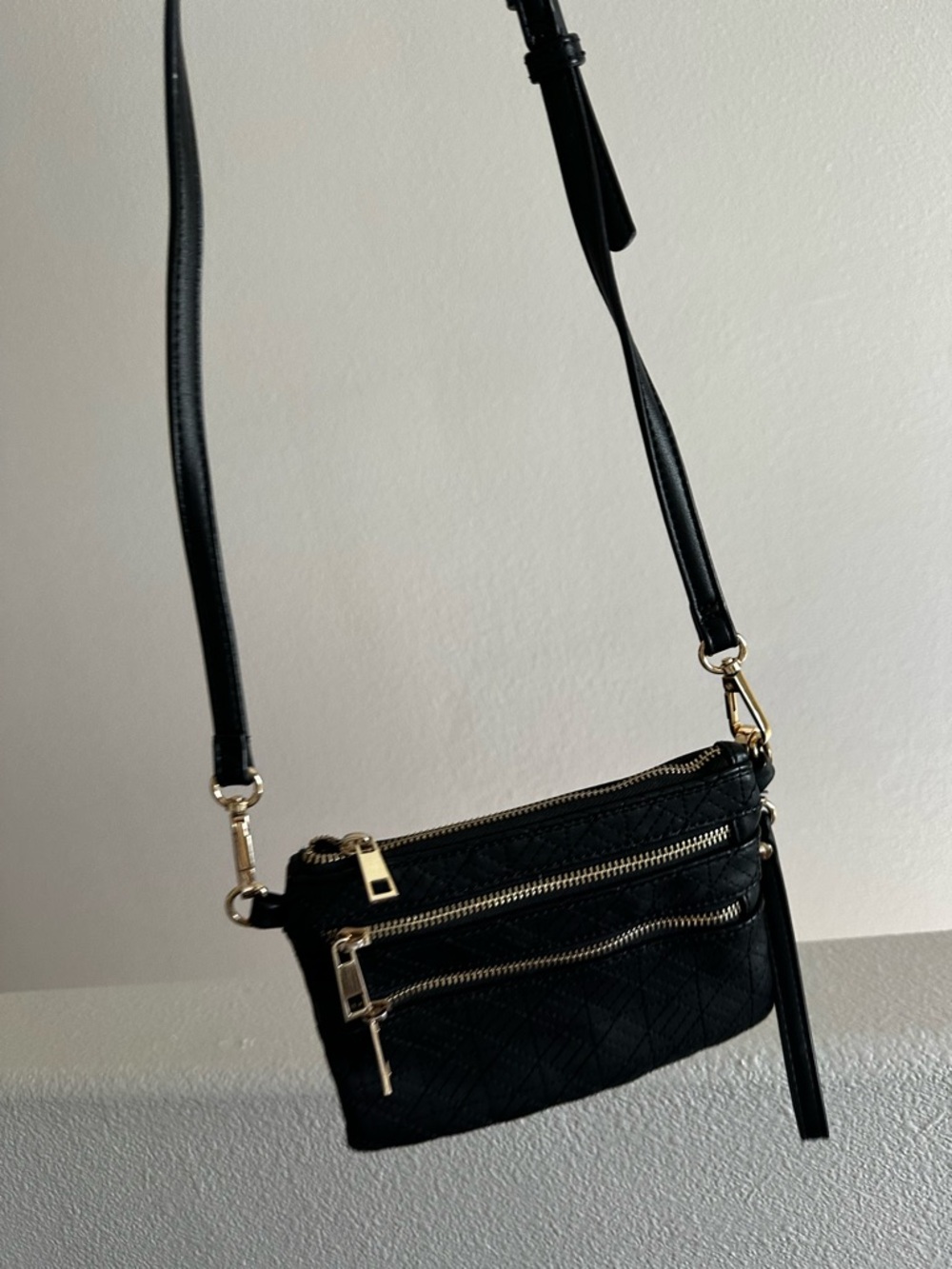 Black Quilted Crossbody Bag with Gold Hardware